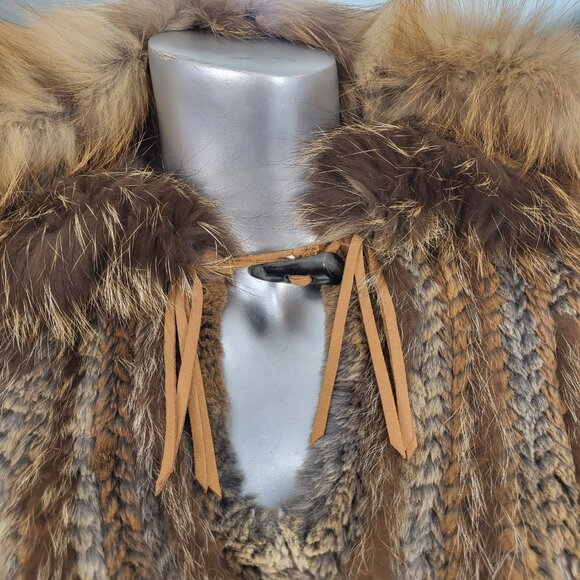 ALBERTO MAKALI~VINTAGE BROWN GENUINE FOX FUR REAL RABBIT HOODED PONCHO CAPE COAT - Picture 10 of 16